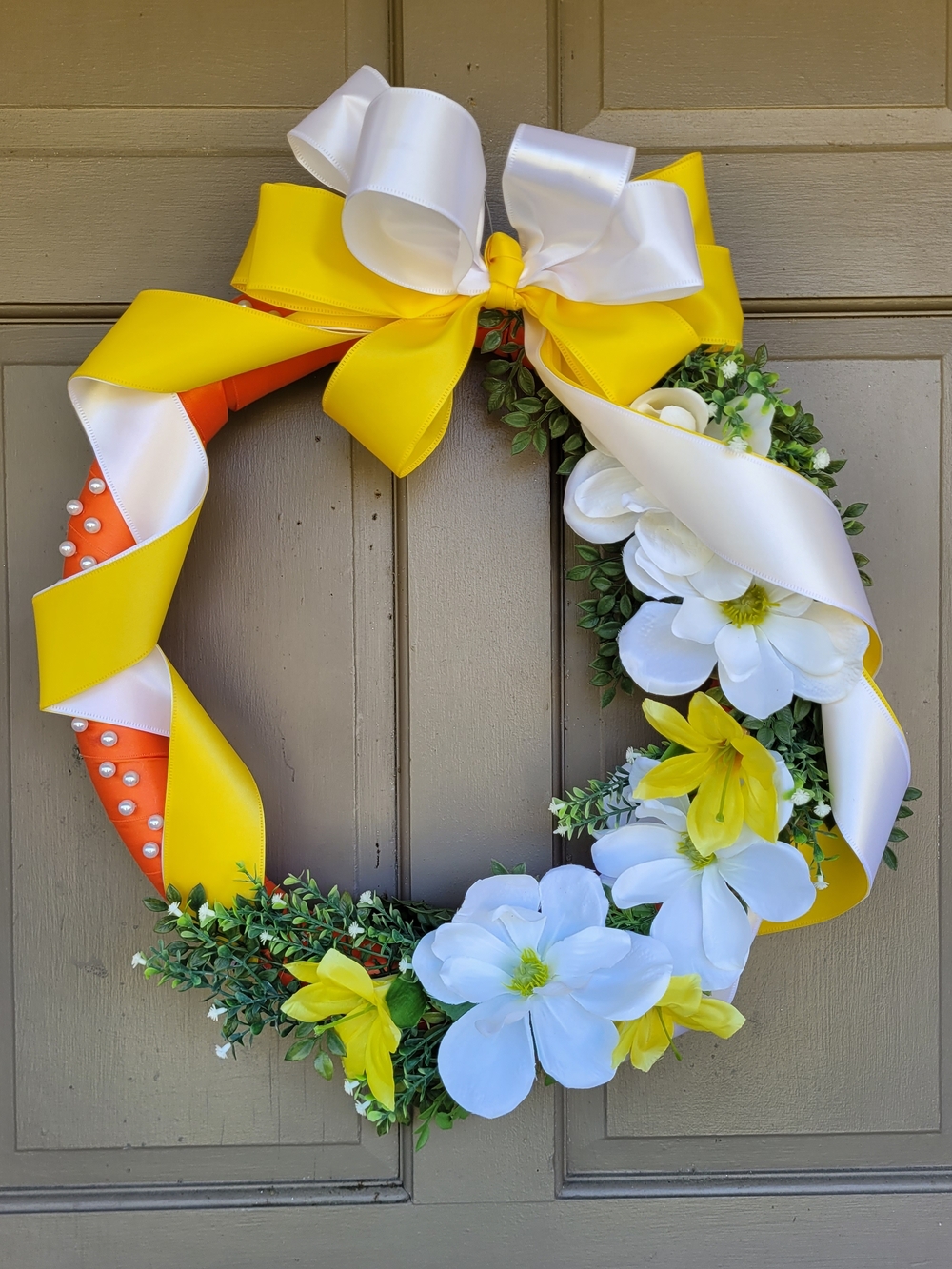 Spring Yellow & White Floral Door Wreath with Bow New